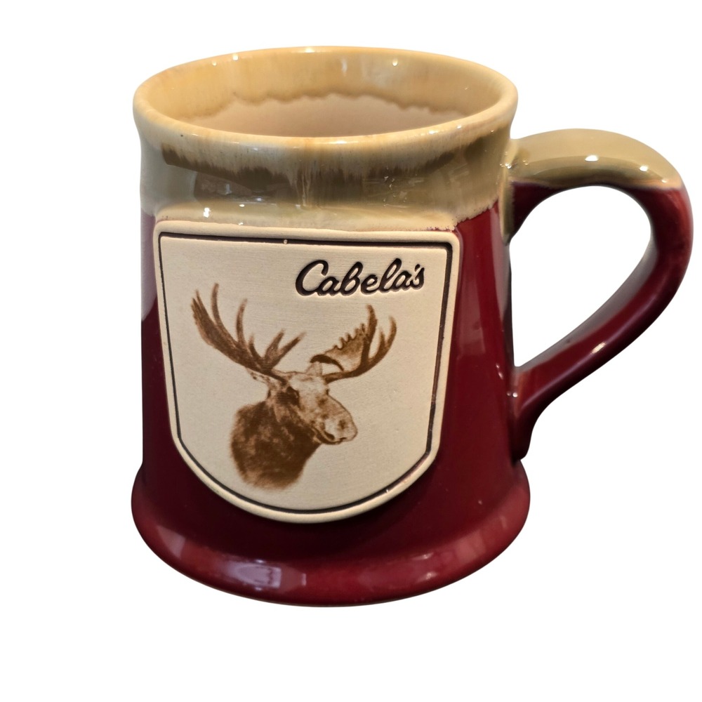 Cabelas Moose Relief Stoneware Coffee Mug Burgundy Red Tan 20oz Lodge 2018